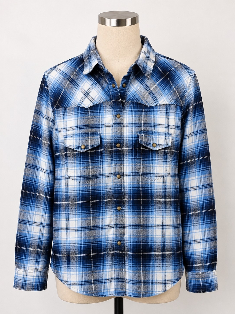 Jachs Girlfriend Blue Plaid Snap Shirt L Western Roll Sleeve